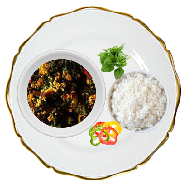 Spinach stew and Rice meal in Gold rimmed white round plate_6